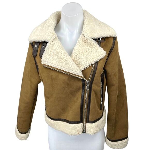 Zara Brown Vegan Faux Suede Leather Sherpa Shearling Zip Up Moto Coat Jacket S - Picture 1 of 5